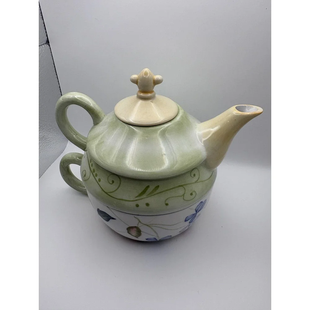 Tracy‎ Porter Hand Painted Ceramic Tea For One Set Stacking Teapot and Cup Green